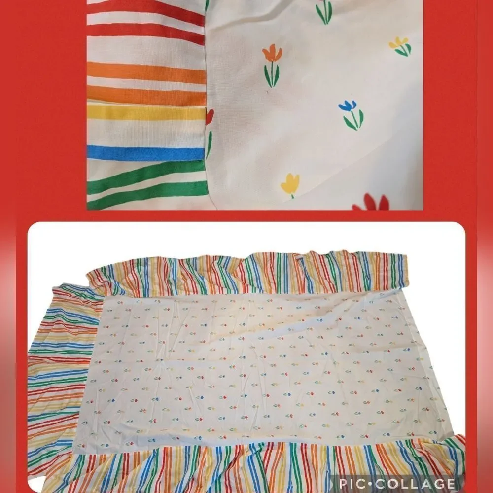 Vintage rainbow stripes and floral print twin bed skirt‎
